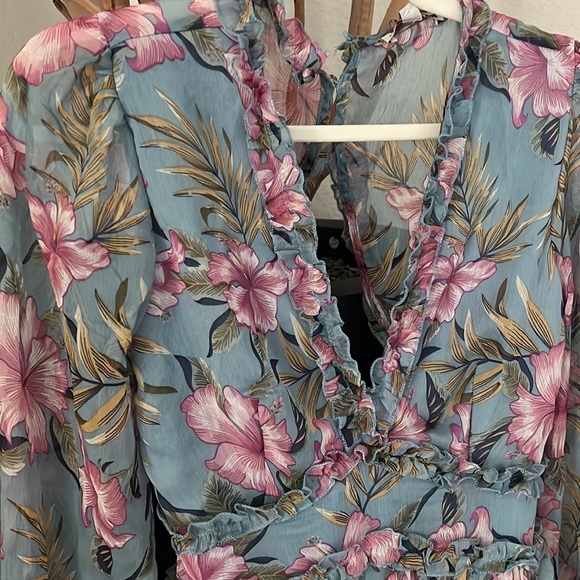 Blue pink chiffon ruffle open back sexy sun dress sheer mini - Picture 6 of 11